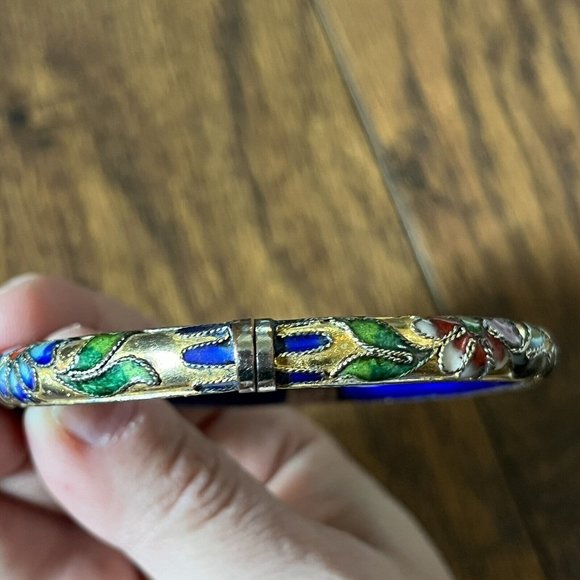 Vintage Cloisonné Blue Gold Floral Motif Enamel Hinged Bangle Bracelet - Picture 4 of 16